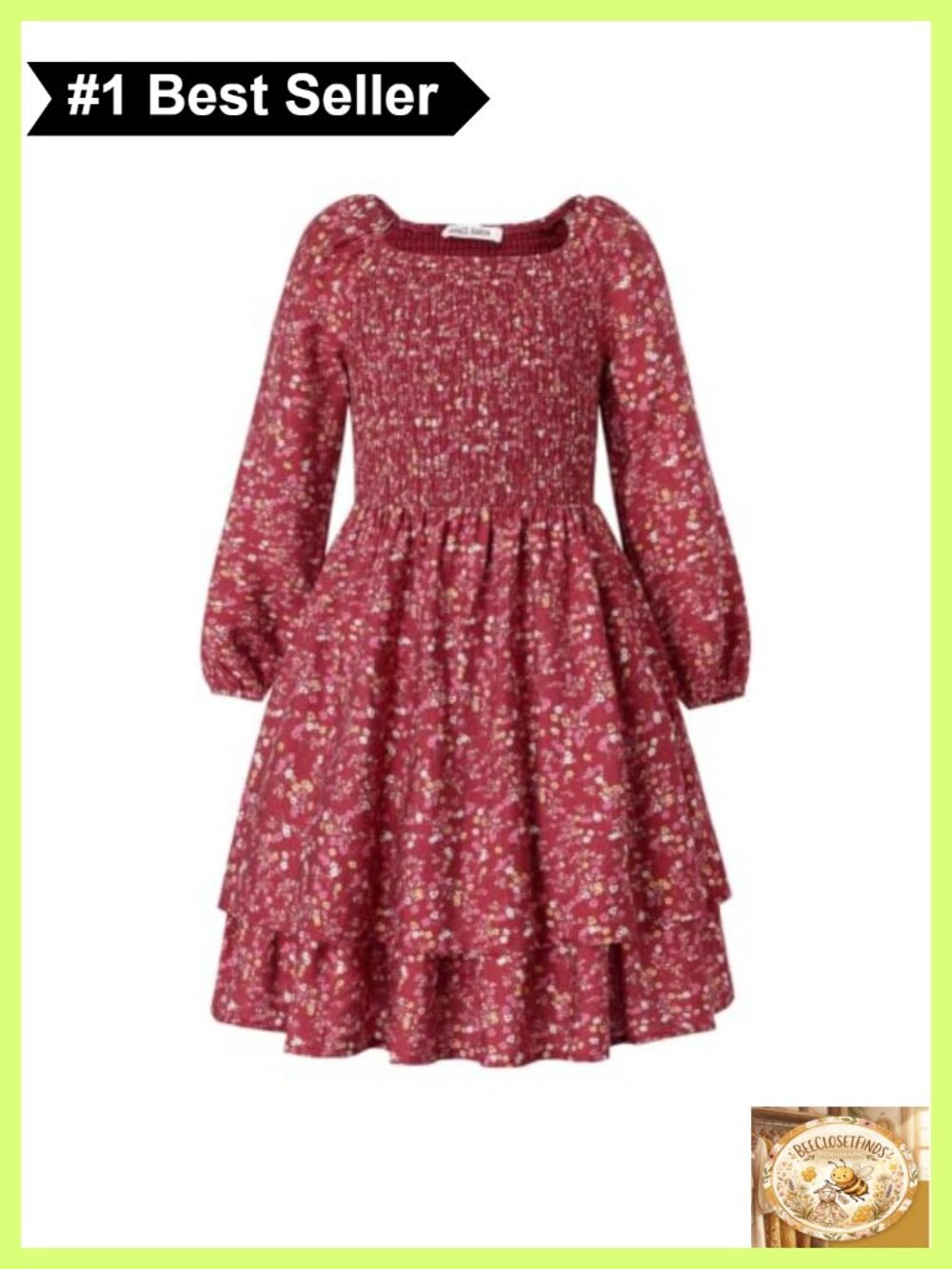 Girls Floral Square Neck Smocked Waist Tiered Long Sleeve Casual Dress